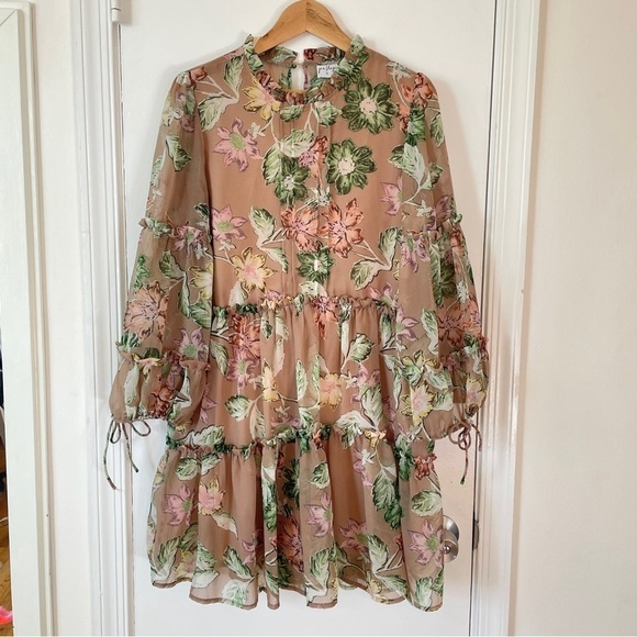 Princess Polly Boho Eden Bloom Tiered Mini Dress Floral Sheer Ruffle Tan Green 6 - Picture 3 of 11